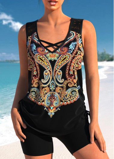Modlily Black Paisley Print Lace Stitching Tankini Set - S