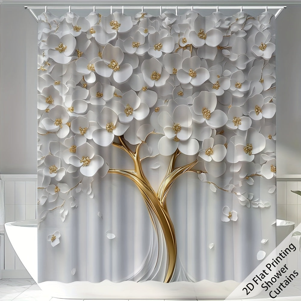 TEMU 1pc Home Artistic White Flowers Shower Curtain, 2d Flat Printing Polyester Bathroom Decor With 12 Hooks, Machine Washable, Cartoon Cute Home