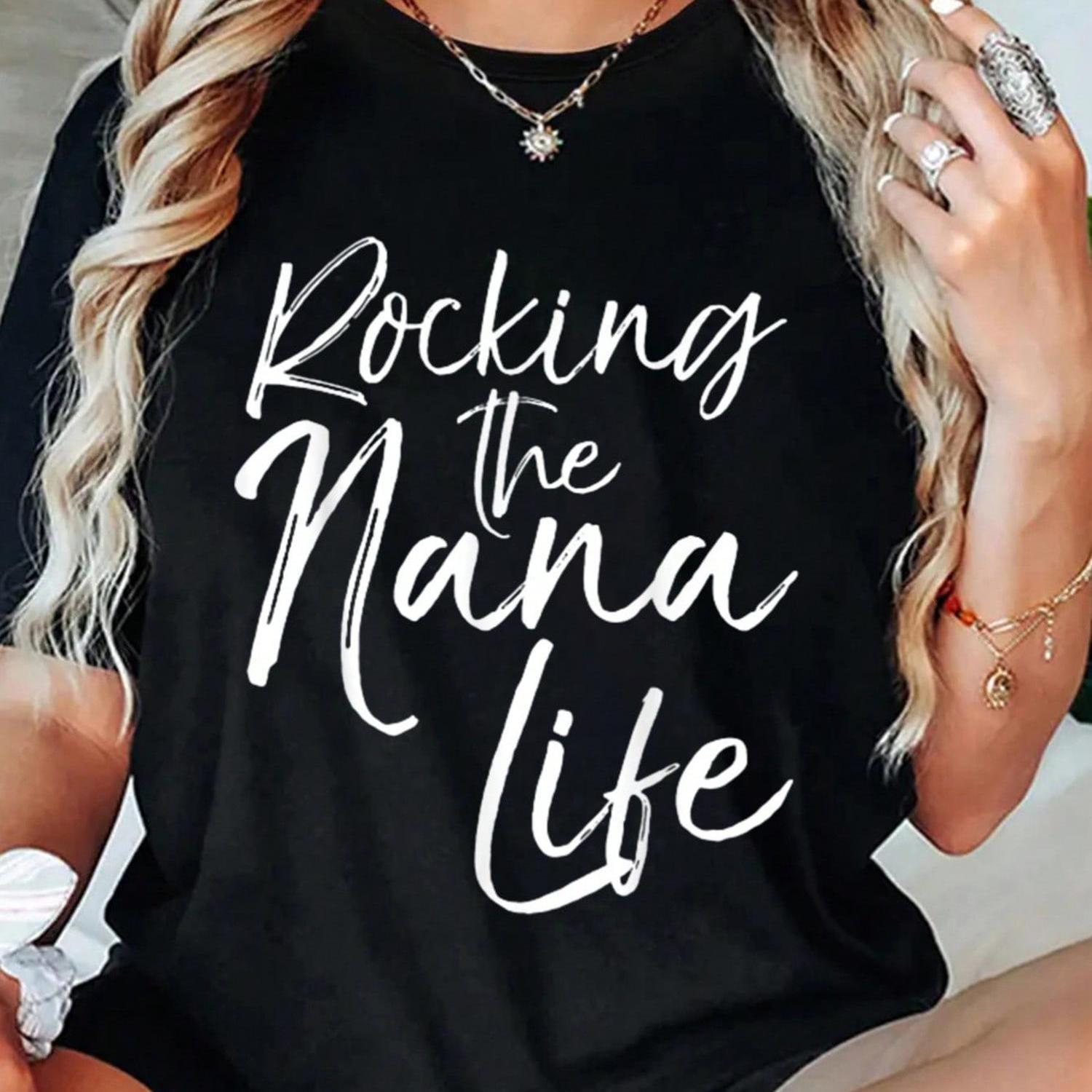 TEMU Rocking The Life" Women's T-shirt - Casual Short Sleeve Round Neck Top, Black With White Letter Print, Perfect Gift For Grandma, Soft &