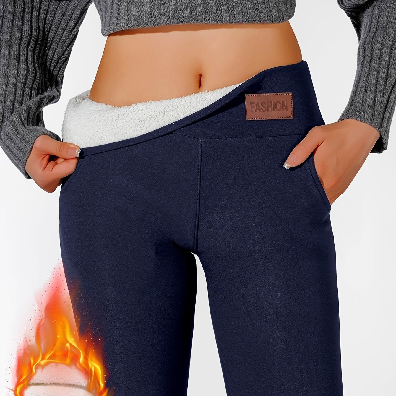 TEMU Women's High-waist Fleece-lined Yoga Leggings With Phone Pocket - Navy Blue, Stretchy & Warm Activewear For Running And Outdoor Activities