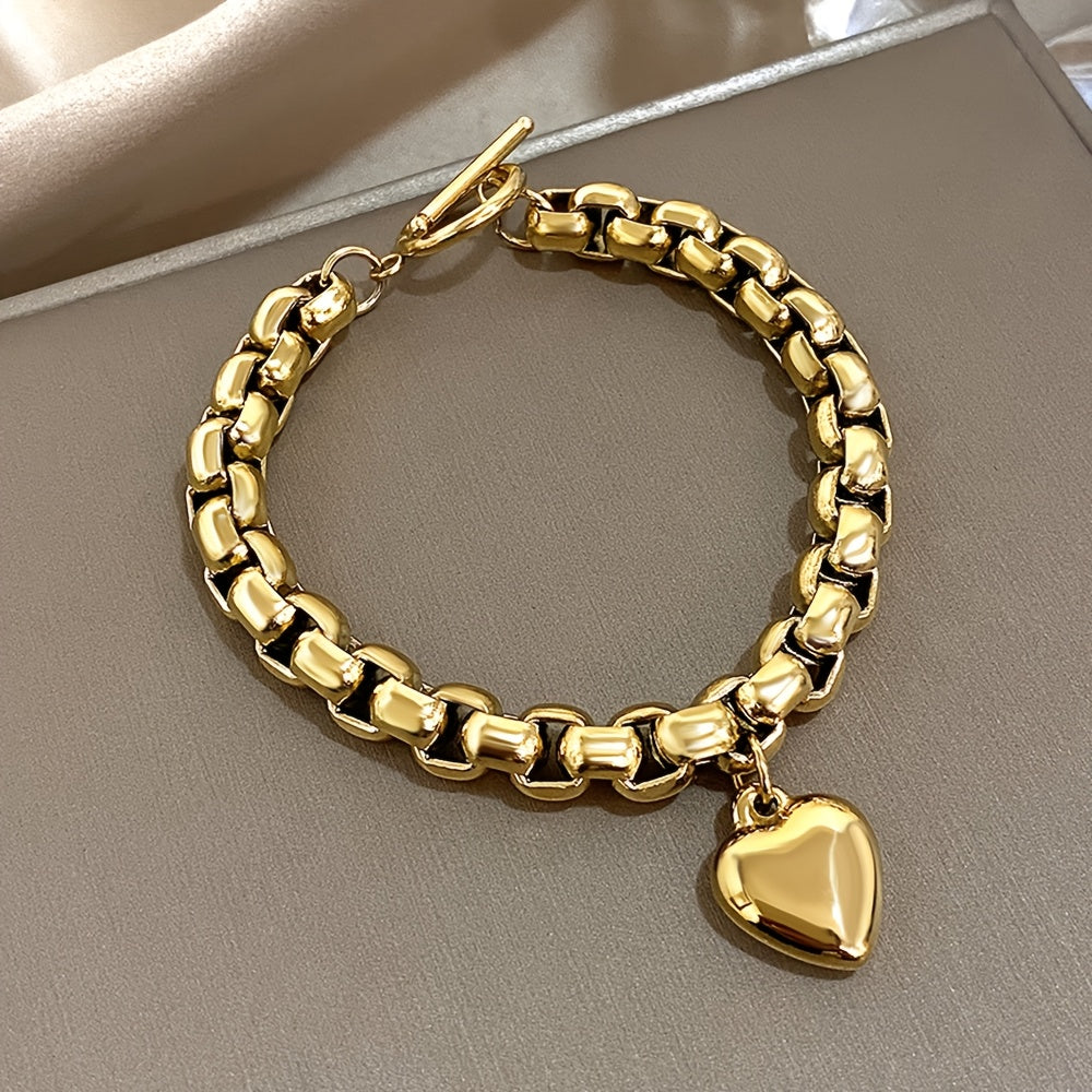 TEMU Vintage Elegant Stainless Steel Chunky Thick Chain Bracelet Heart Pendant, Ot Clasp, Fashion Jewelry Gift For Women, Ideal For Wedding,