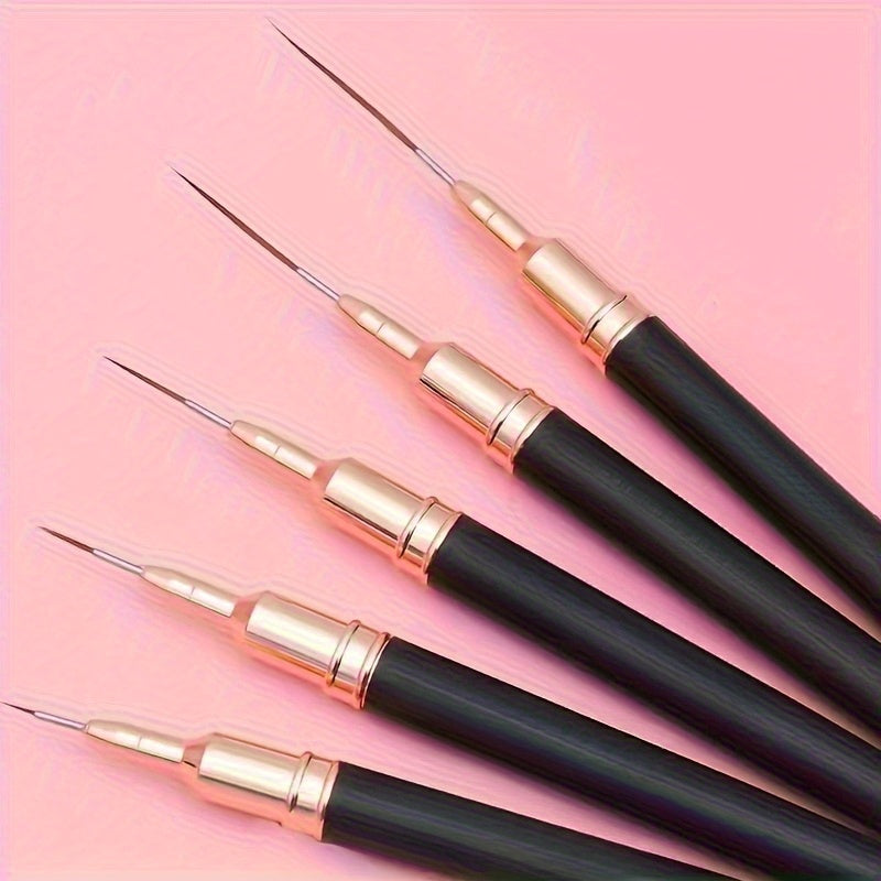 TEMU 5pcs Professional Black Nail Art Liner Brushes Set- Precision Detail Striping& Fine Line Pens For Stunning Flower Painting, Drawing& Gel Polish