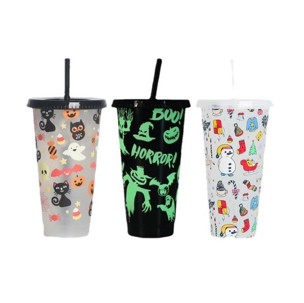 Creative Drinkware Cold Color Changing Plastic Cups Halloween Decoration Juice Cup With Lid and Straw Christmas Gifts SN4998