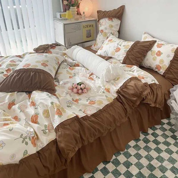 Princess Style Pleated Lace Autumn and Winter Caramel Color Four-piece Bedding Set Quilt Cover Bed Sheet Bed Skirt Bed SheetC241021