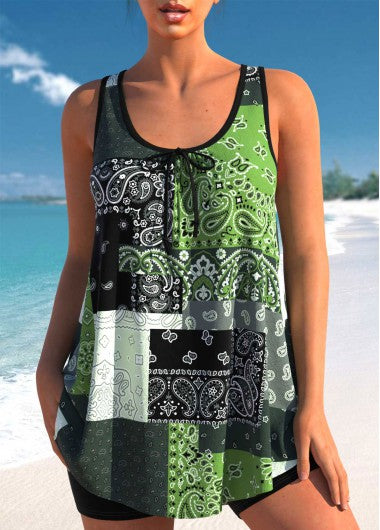 Modlily Bowknot Blackish Green Paisley Print Tankini Top - S