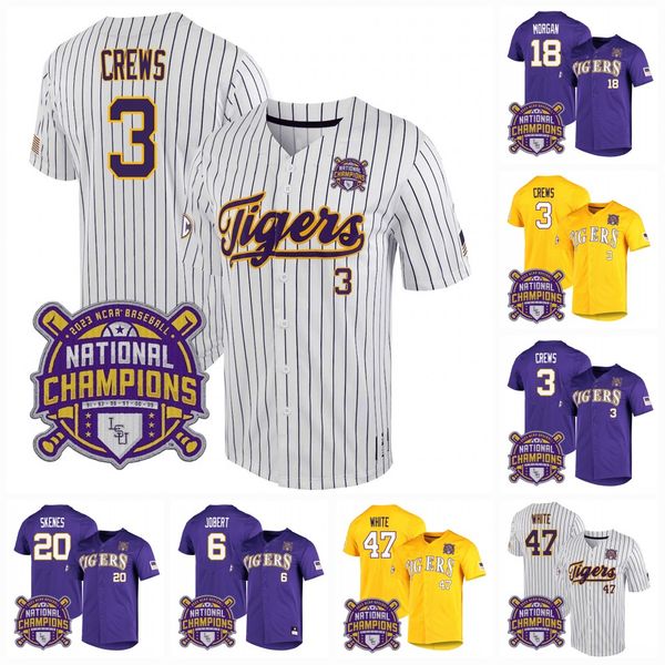 3 Dylan Crews 2023 CWS Champions Tigers Baseball Jersey Tre Morgan Thompson White Paul Skenes Ty yd Thatcher Hurd Garrett Edwards Guidry LSU