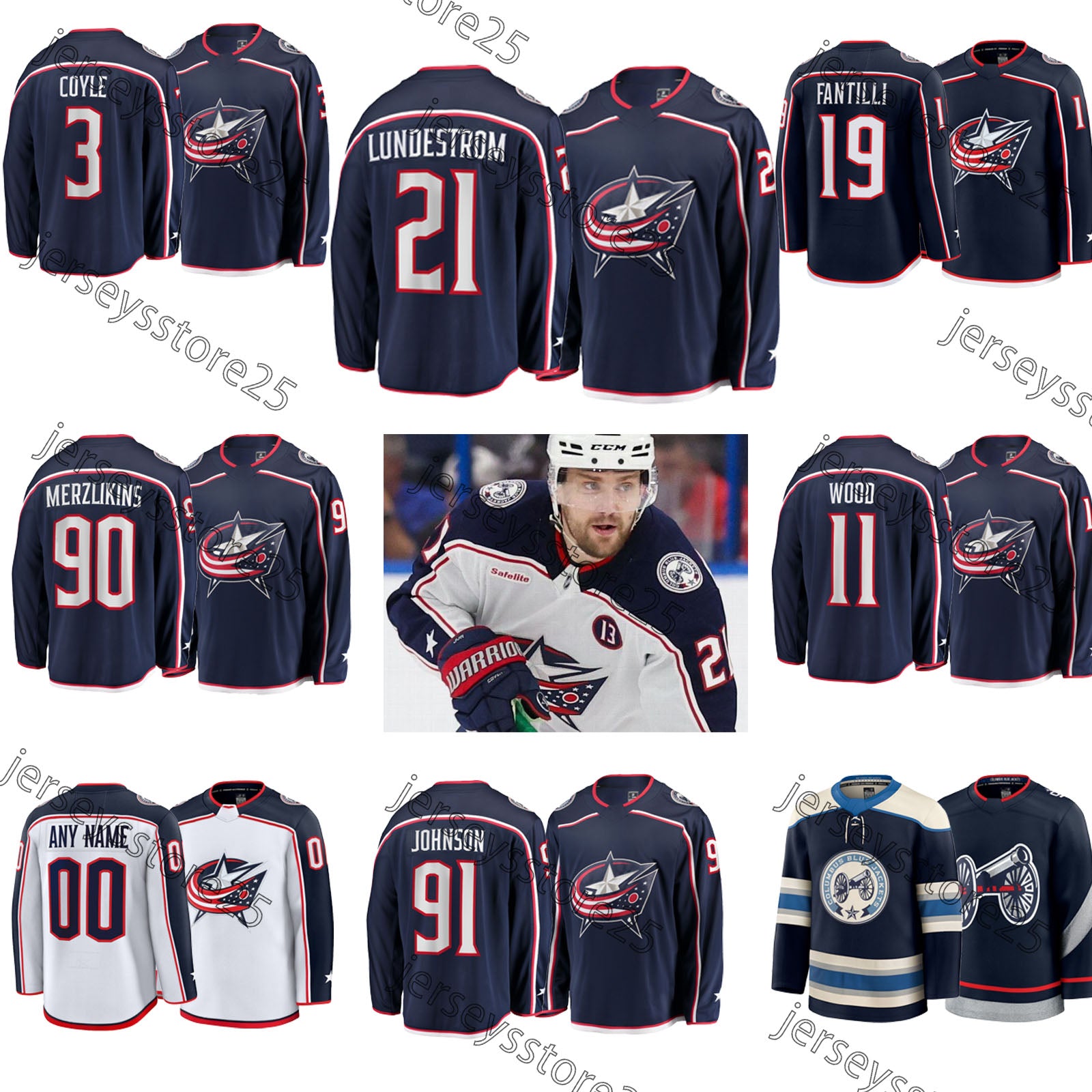 Adam Fantilli hockey jersey Zach Werenski Charlie Coyle Miles Wood Kent Johnson Cole Sillinger Boone Jenner Damon Severson Erik Gudbranson Blue Jack