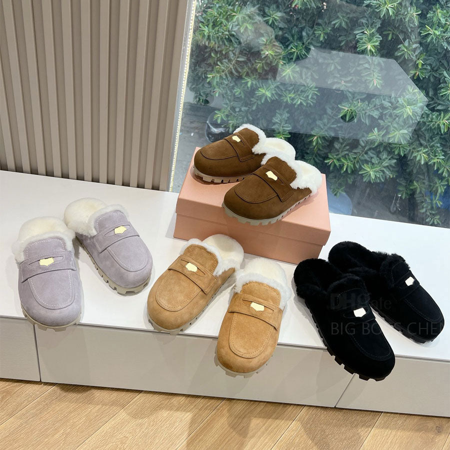 Top quality Fashion trendy Suede Winter warm fur slides women Furry slide fluffy slippers shearling sandals wool colgs luxury Designer slides fur sh