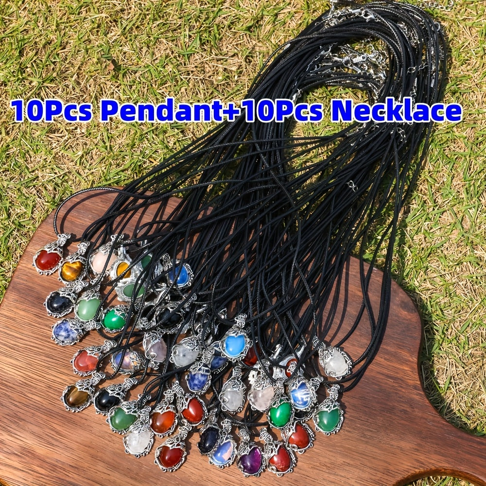 TEMU 20pcs Exquisite Natural Drop Shaped Pendant Set With Adjustable Black Necklace, Keychain, Lanyard, Bracelet, Earrings, And Craft Kit - 10pcs