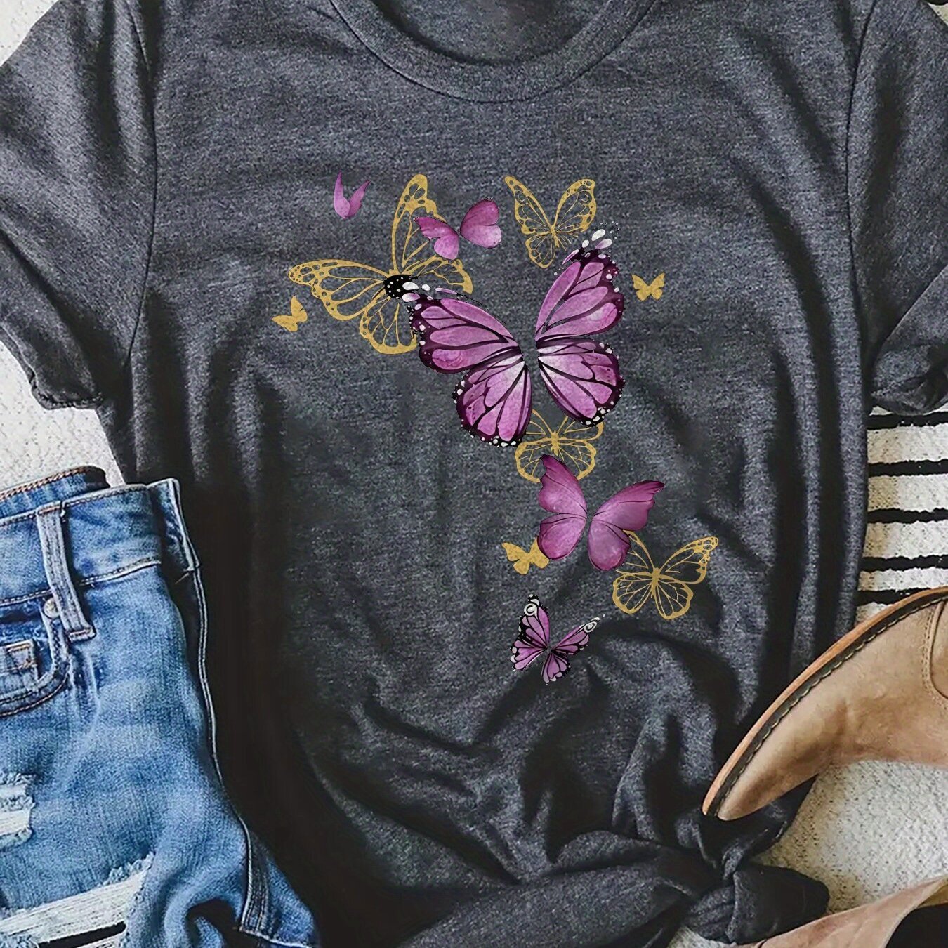 TEMU "purple Yellow Butterflies" Printed Pattern T-shirt, Short Sleeved Round Neck Casual Top, Suitable For Summer And Spring, Women's Clothing,