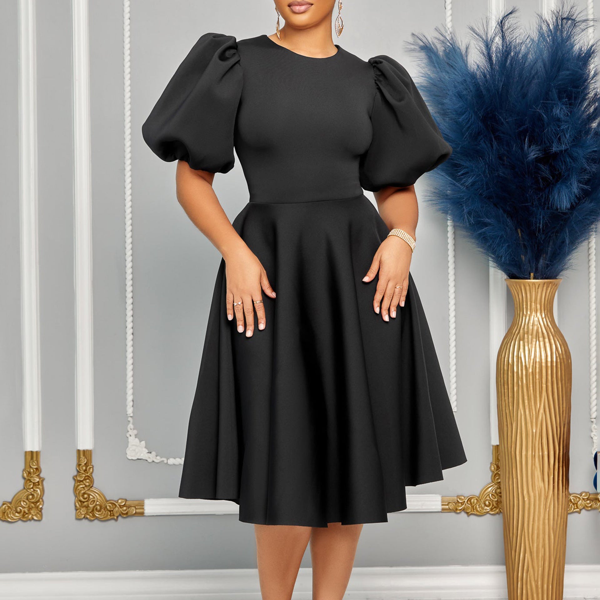 B1000European and American round neck temperament puff sleeve waist big swing dress A-line dress