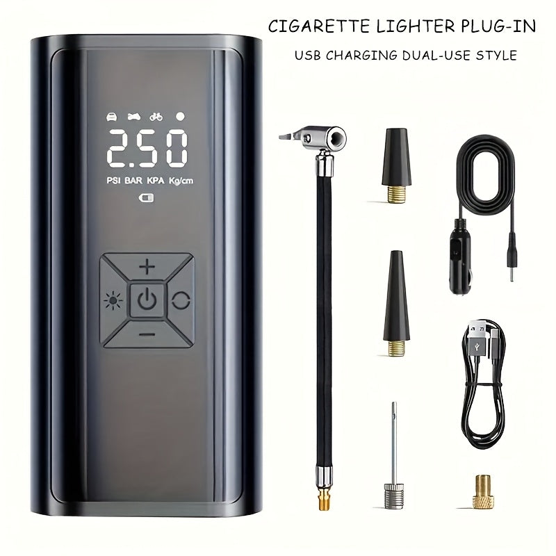 TEMU 150psi Car Tire Inlaftor Wireless Air Compressor Car Plug Plug-in Usb Type C Charging Dual-use Style Rechargeable Lithium Battery, Emergency