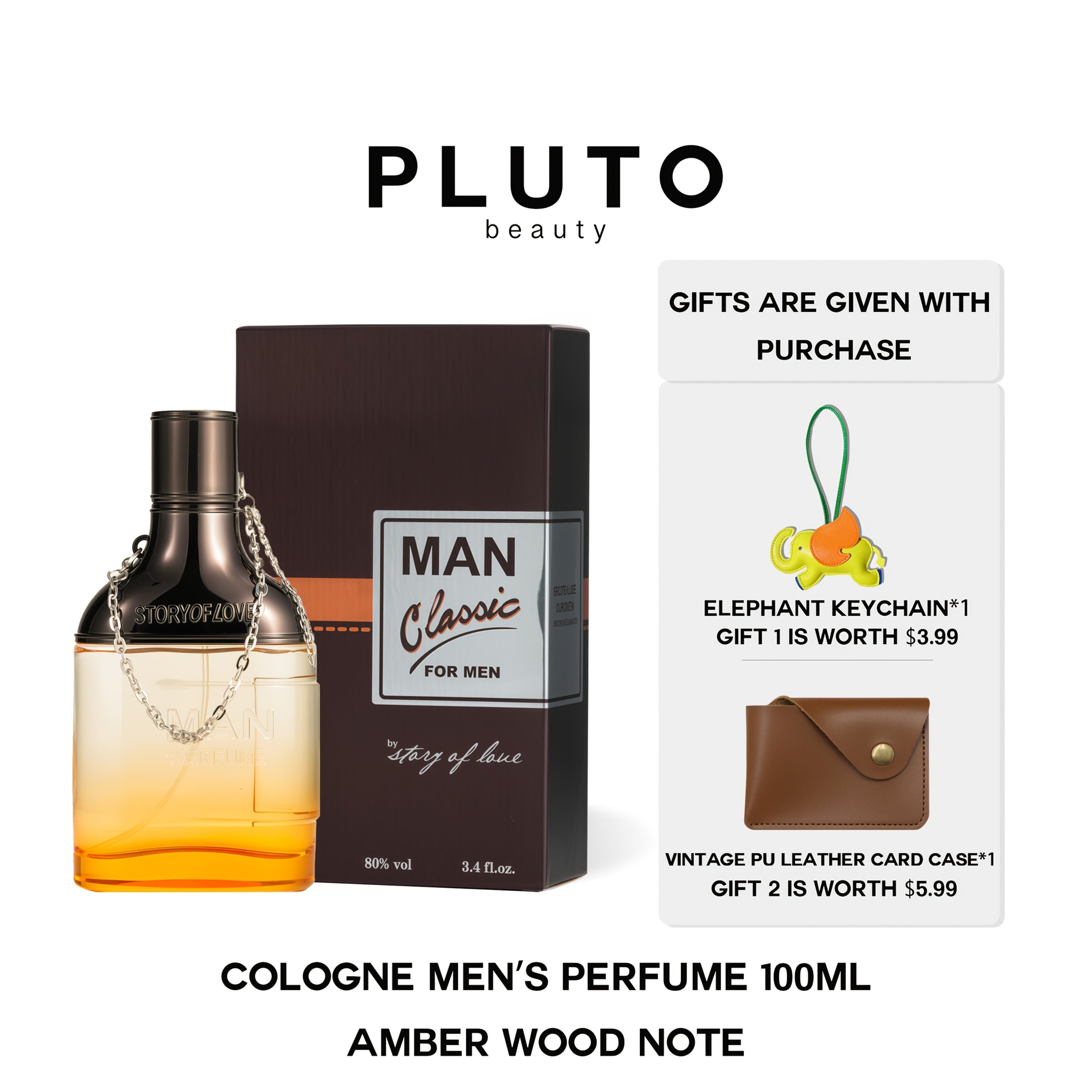 TEMU Colognes For Men 100ml- Amber Note- Free Elephant Keychain And Vintage Card Case With Purchase
