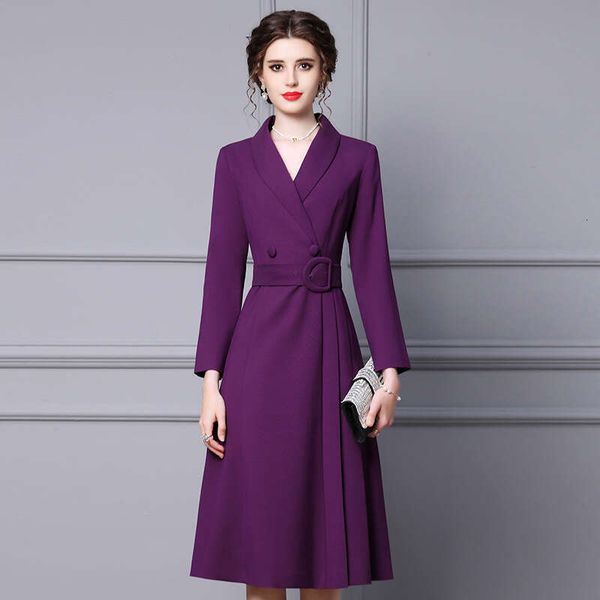 Autumn Dress New 2024 Womens Elegant Temperament Purple Suit Collar with Waist Cinched Mid Length Coat Skirt Bifurcated Pregnant Womens Dres