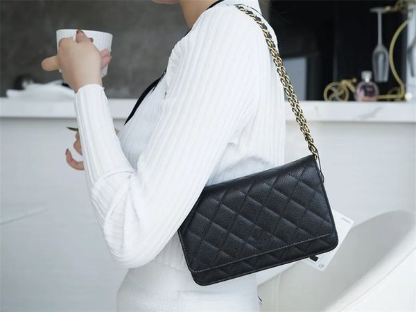 10A Retro Mirror Quality Designers Wallet On Chain Bag Mini 19cm Flap Quilted Black Purse Womens Real Leather Caviar Lambskin Handbag Should