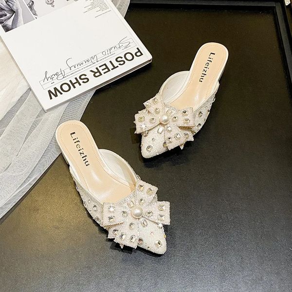 Womens Modern Skating Boots Super Crystal Pearl Outdoor Casual Sandals Girls High Heels Corner Toes Mule Shoes 240710 7