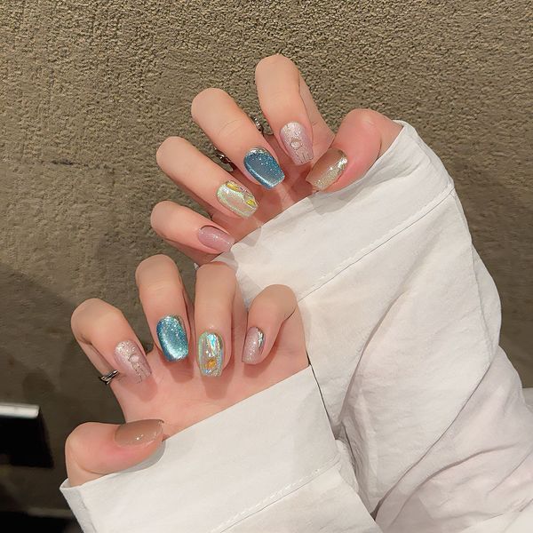 Nail Art Handmade Nail Piercing Rainbow Bubbles Colorful Cat Eyes Glass Beads Summer Light Luxury Fashionable Versatile Fake Nails S Fashion