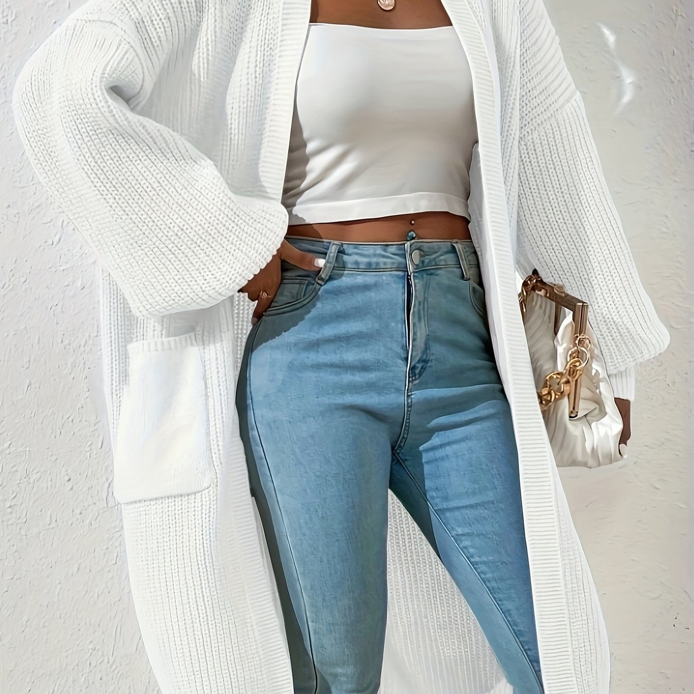 TEMU Women's Elegant V-neck Cardigan - Long Sleeve, Loose Fit, Solid Green With Pockets, Spring-fall, Casual To Chic Outfits, Casual Wear Cardigan |