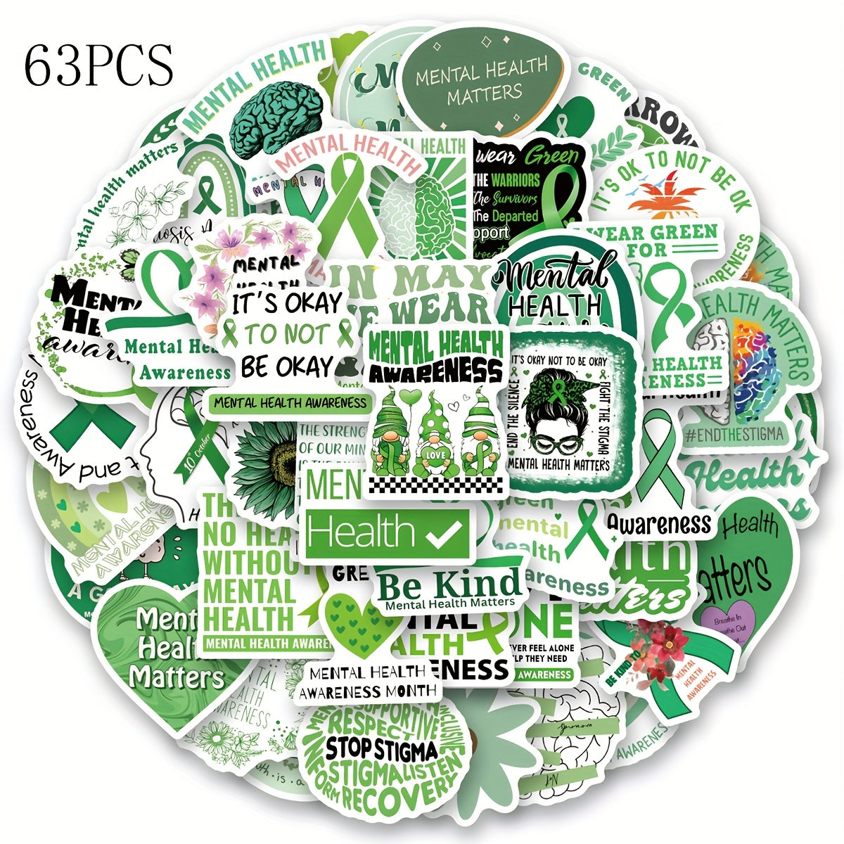 TEMU 63pcs Mental Health Awareness Stickers - Vinyl For Scrapbooking, Diary, Laptop, Water Bottle, Phone, Car - Durable, Self-adhesive, Reusable,