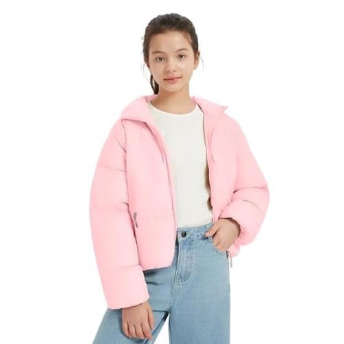 EXARUS Girls Puffer Jacket Warm Water Repellent Oversized-Cropped Stand Collar Pockets Zip up Quilted Short Bubble Coat Regular 8 Years Pink-regular