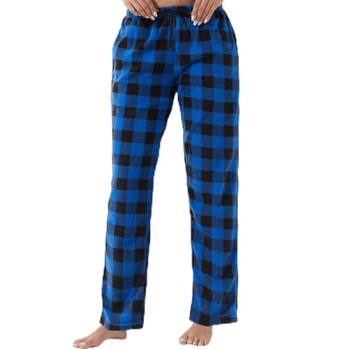 LANBAOSI Christmas Pajama Pants for Women Fuzzy Pack Long Fleece Buffalo Plaid Pj Bottoms Soft Drawstring Lounge Sleepwear Blue Small