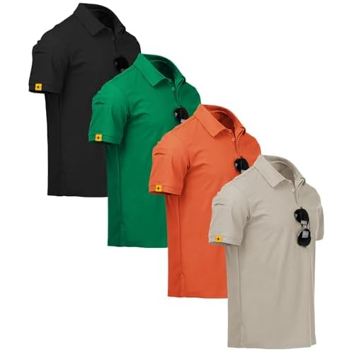 ZITY 4 Pack Mens Polo Shirt Short Sleeve Sports Golf Tennis T-Shirt Athletic Collared Tactical Shirts Large Grassgreen Black Orange Lightkhaki