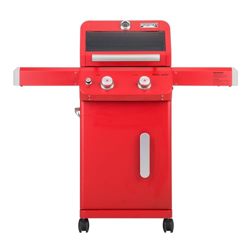 Monument Grills 2-Burner Stainless Steel Liquid Propane Gas Patio Garden Barbecue Grill with Clearview® Lid, Knob Control and Two Foldable Shelves Me