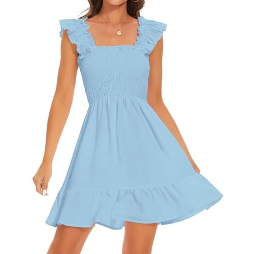ROYLAMP Women's Smocked Dresses Square Neck Elegant Tiered Boho Ruffle Shoulder Swing Flowy Summer Casual Mini Dress Small Lightblue