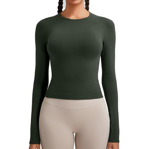 RUNNING GIRL Long Sleeve Yoga Shirts for Women, Soft Fitted Seamless Stretchy Casual Crew Neck Athletic Basic Shirt A-slate Green Large