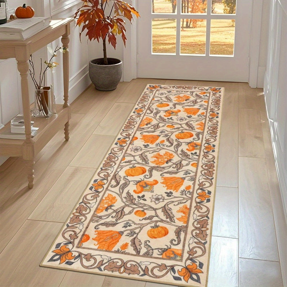 TEMU Non-slip Runner Mat - Extra Long 18x60 Inch Autumn Floor Mat With Pumpkin Floral Pattern In Orange-beige-black- Brown-white - Machine Washable
