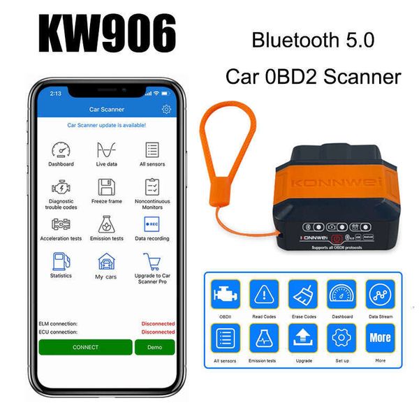 New KW906 Bluetooth 5.0 ELM327 V1.5 OBD2 Scanner For Android IOS OBDII Auto Car Diagnostic Tools ELM 327 OBD 2 Code Reader