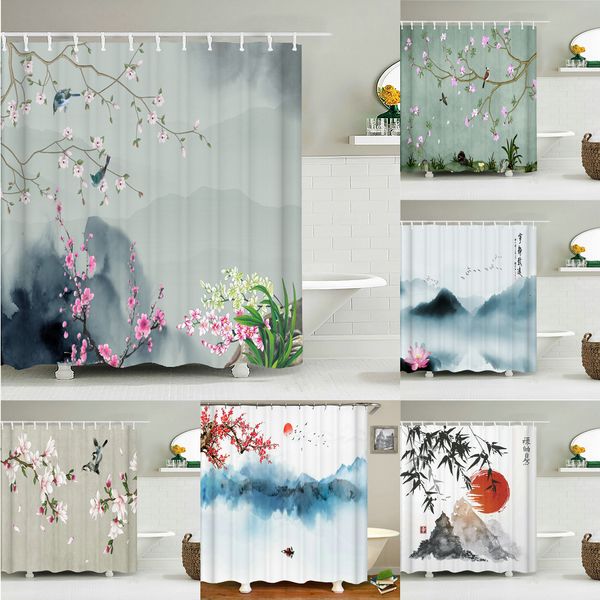Shower Curtains Chinese Landscape Bathroom Curtain 3D Japanese style Flower Birds Printing Shower Curtains Waterproof Polyester Home Decorat