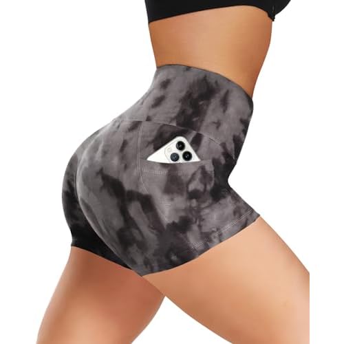Biker Shorts Women with Pockets - 3"-5"-8" High Waisted Soft Tummy Control Workout Shorts for Yoga Athletic Gym Black Tie Dye X-Small 3 IN