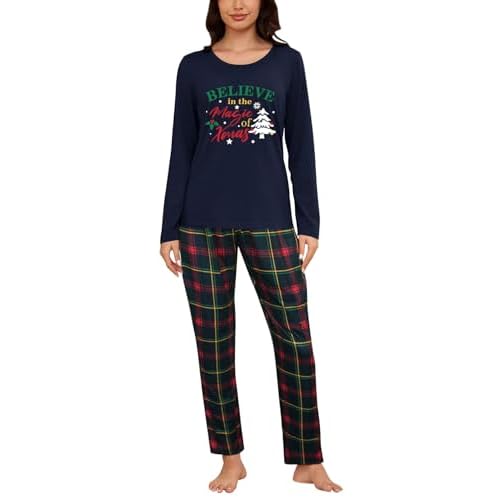 YIJIU Women's Sleepwear Long Sleeve Top and Pants Pajama Set Panda Print Nighty Small Xmas Navy Blue