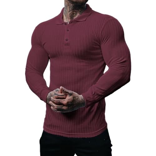 Muscle Cmdr Men's Cotton Muscle Shirts Slim Fit Business Casual Tee Long&Short Sleeve Ribbed Polo V Neck Shirt Small Red-Long