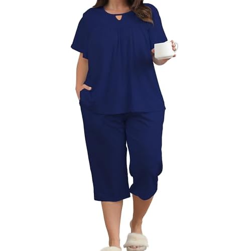 Heat Move Plus Size Pajamas Sets for Women 2 Piece Soft Sleepwear Short Sleeve Top and Capri Pant Pjs Loungewear with Pockets