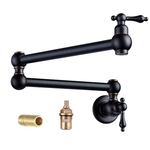 WOWOW Pot Filler Faucet - Wall Mount Brass Double Handle Faucet with Oil Rubbed Bronze Finish and Commercial Folding Kitchen Arm