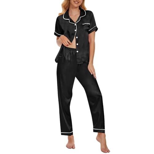 YIJIU Womens Silk Satin Pajamas Set Short Sleeve Sleepwear Soft Button Down Loungewear Two-piece Pjs Sets XS-XXL Long X-Small Black