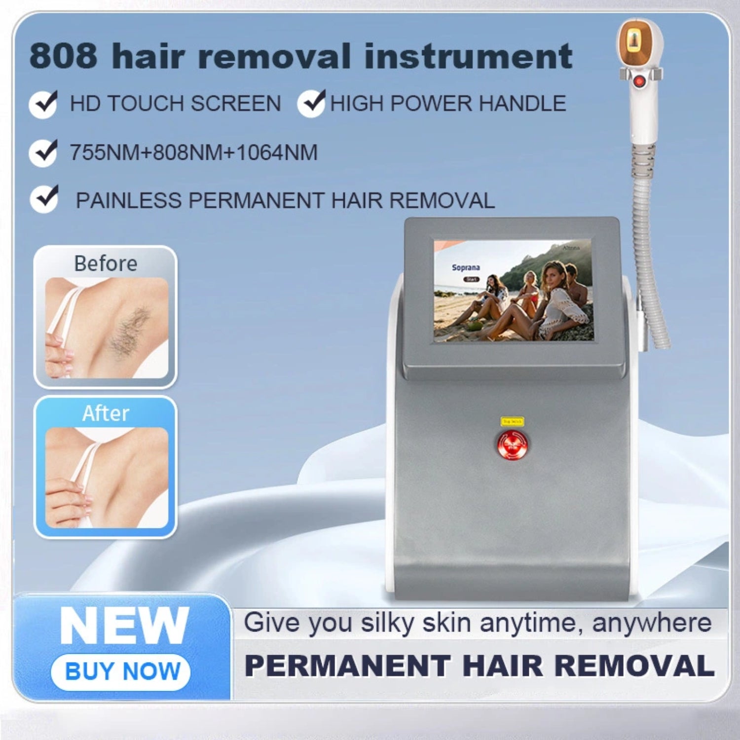 Compact Diode Hair Removal Device 3000W Triple Wavelength 755nm 808nm 1064nm Permanent Painless Face And Body Hair Remover