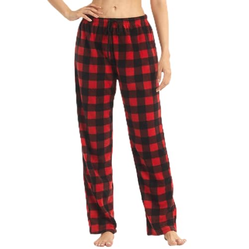 LANBAOSI Christmas Pajama Pants for Women Fuzzy Pack Long Fleece Buffalo Plaid Pj Bottoms Soft Drawstring Lounge Sleepwear Red Medium