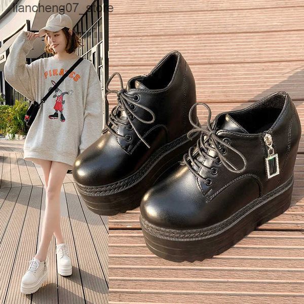 Casual Shoes New High Heels Wedges Platform Sneakers 13CM Height Increasing Women Pu Leather Shoes Comfortable Casual Ladies Tennis Shoes J2