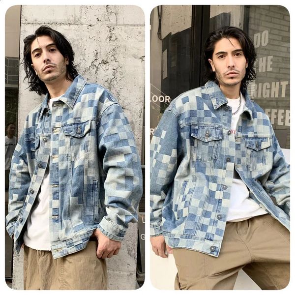 Check Mosaic Pattern Men Denim Jacket Loose Plaid Jacquard Weave Cotton Coat Long Sleeve loose Turn Down Collar Outerwear 250121