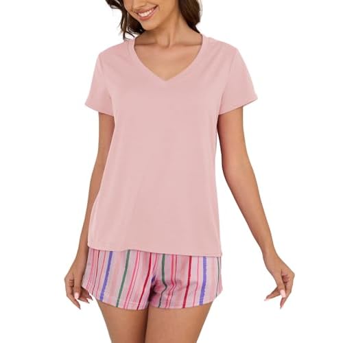 VENTELAN Pajama Set For Women Cute PJS Summer Short Sleeve Shorts Sleepwear X-Small Pink Color
