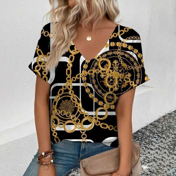 Women&#039;s Blouses Shirts Summer casual T-shirt womens V-neck T-shirt retro gold necklace pattern printed T-shirt womens short sleeved T-s