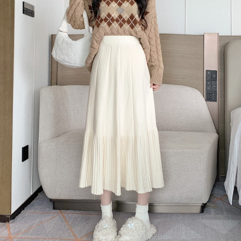2025 autumn and winter new big swing knitted skirt umbrella skirt wool skirt thickened ruffle edge skirt solid color medium and long skirt