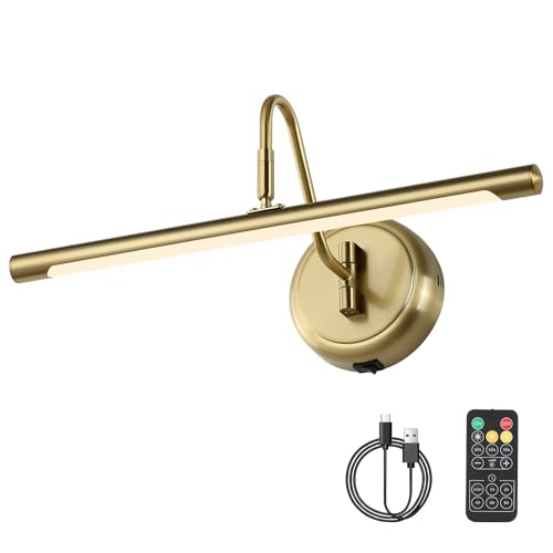 JOOSENLUX Battery Operated Picture Light Gold - Modern Wireless Picture Lights for Wall Dimmable 16.5inch Under Cabinet and Swing Arm for Canvas Sconc