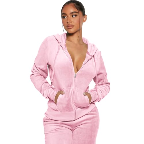 yidengymx Womens 2 Piece Velour Tracksuit Two Piece Soft Velvet Hooded Outfits for Women X-Small Hoodie-Jogger Pants-pink