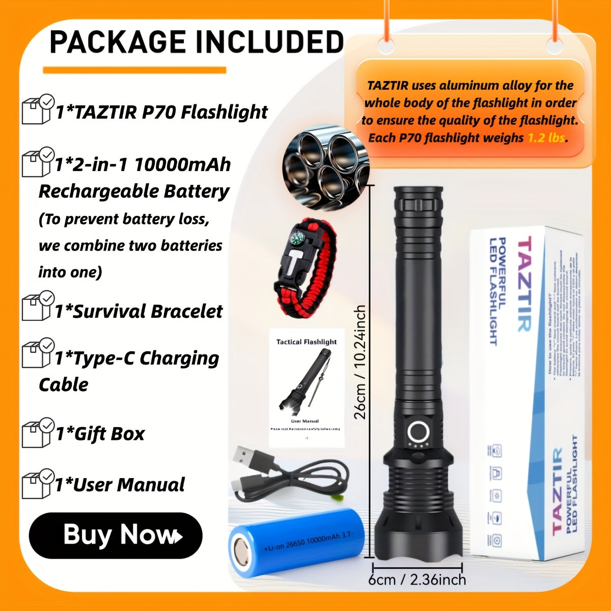 TEMU [buy 1 Get 1 Gift] 4000 P70 Led Flashlight(free Survival Bracelet), 10000mah Rechargeable Battery & 5 Handheld Torch, Ipx7 Waterproof Aluminum