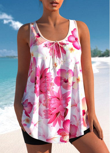 Modlily Floral Print Wide Strap Pink Tankini Set - M
