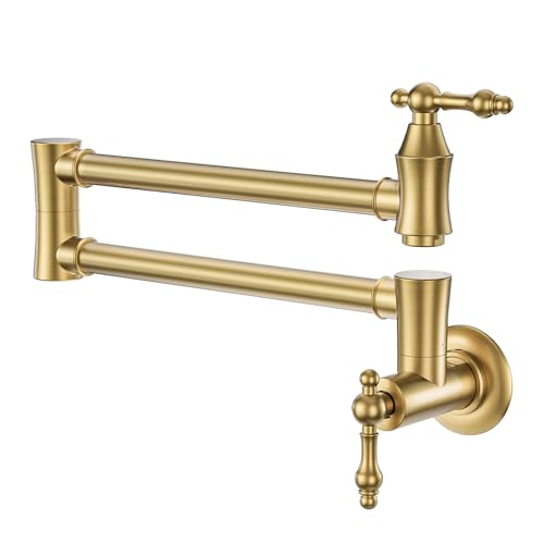 ARCORA Pot Filler Faucet, Traditional Brushed Gold Wall Mount Kitchen Faucet with Double Joint Swing Arms Brass Kitchen Pot Filler